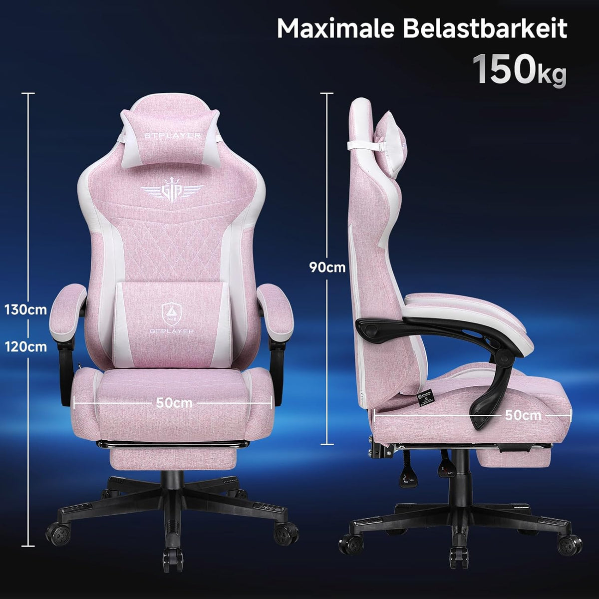 GTPLAYER Ergonomic Linen Gaming Chair with Lumbar Support, Computer Chair with Extended Backrest, Supports up to 150 kg, Pink - QUORE