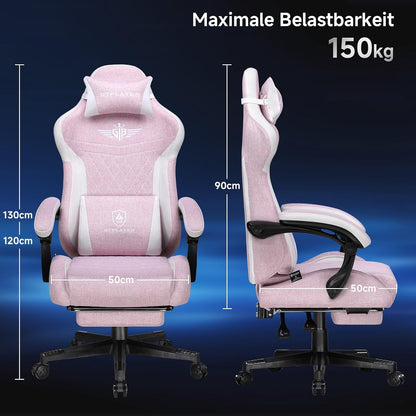 GTPLAYER Ergonomic Linen Gaming Chair with Lumbar Support, Computer Chair with Extended Backrest, Supports up to 150 kg, Pink - QUORE