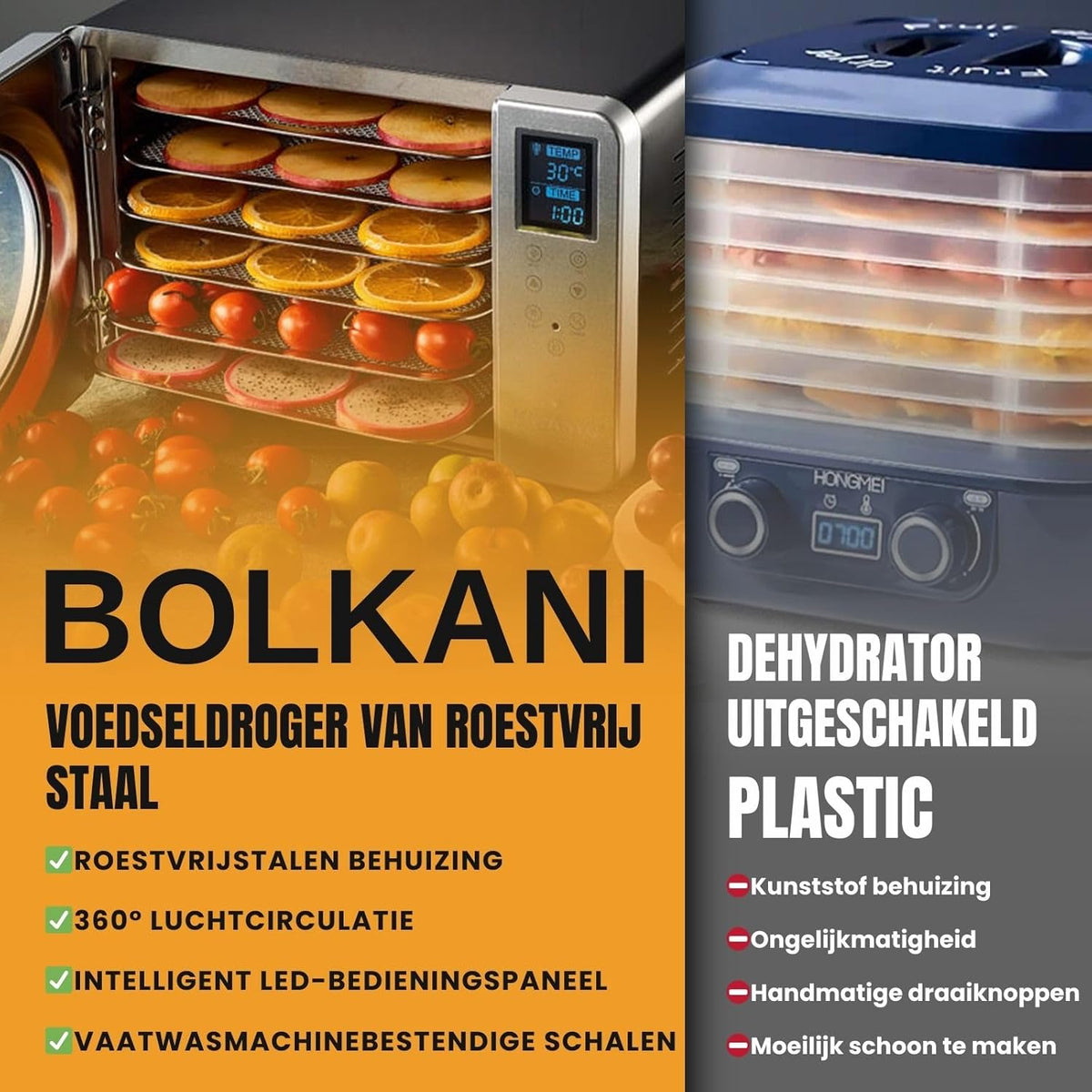 Voedseldroger van roestvrij staal, 6 tablets, 500 W, led-display, 30-90 °C, 24-uurs timer, stille werking, inclusief lekbak en droogmat voor fruit en vlees