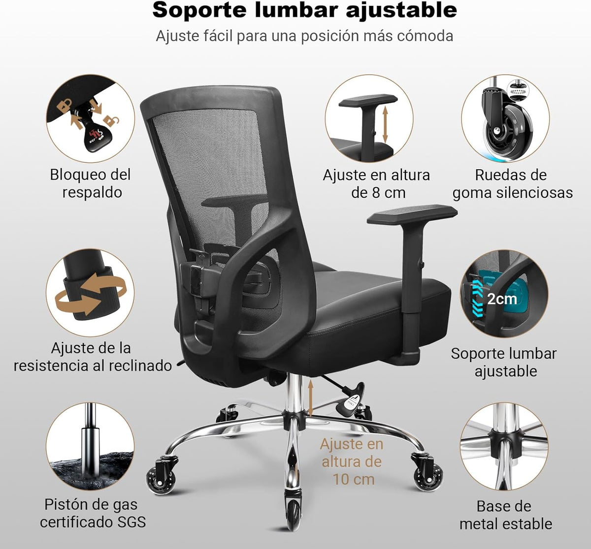 MELOKEA Bureaustoel, 200 kg, XXL, extra breed en extra dik zitkussen met binnenvering, rubberen wielen, verstelbare lendensteun, traploze kantelvergrendeling, voor gaming en kantoor, inclusief