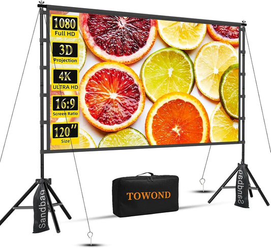 TOWOND 120 inch projectorscherm met standaard, opvouwbaar draagbaar 16:9 HD buitenprojectiescherm voor thuisbioscoop en tuin, projectie voor en achter, wasbaar, kreukvrij polyester met draagtas