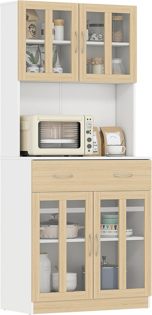 HOMCOM kitchen cabinet 180cm kitchen buffet high cabinet with glass doors tableware dining room cabinet with drawers cabinet elegant white + natural 80 x 40 x 180cm - QUORE