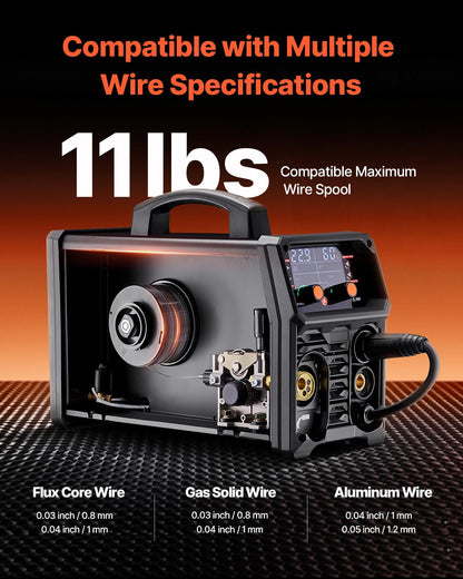 VEVOR MIG Welding Machine, 200 A, Syergetic Welding Machine, Portable MIG Gas Free 5-in-1 Gas Free Welding Machine, with IGBT Inverter Technology, LCD Display, TIG Lift Flashlight Not Included