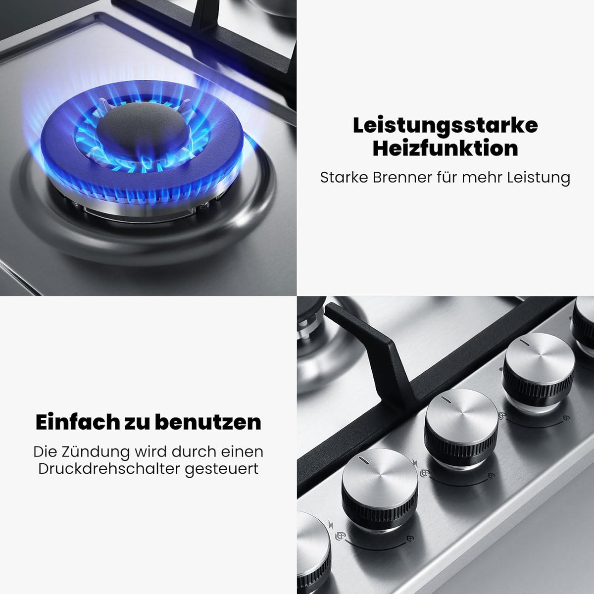 Gaskookplaat – Gasfornuis – Inbouwkookplaat – Gasplaat – Zelfvoorzienend – 87 cm Roestvrij Staal – 5 Vlammen Met Wokbrander 10400 Watt