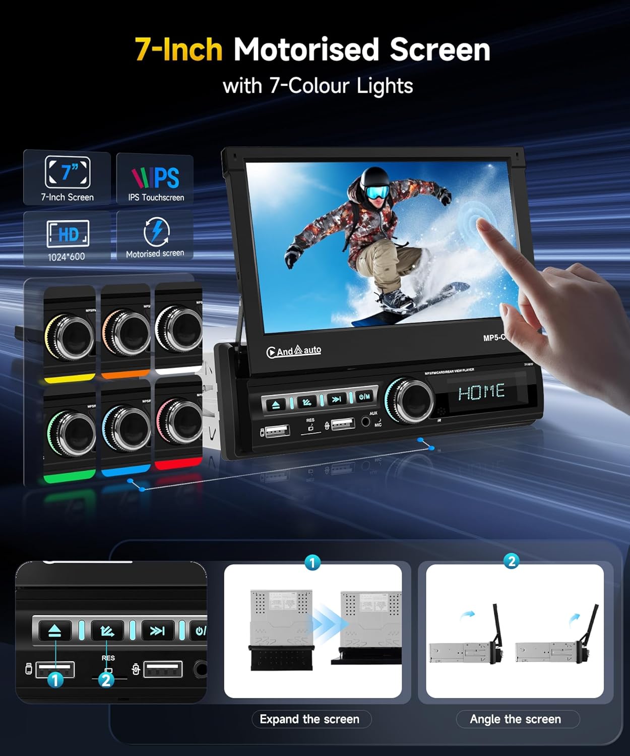 Autoradio 1 Din Carplay Android Auto Draadloos met 7 inch elektrisch uitschuifbaar scherm,1-DIN radio FM met Bluetooth,GPS/Navi,Mirror Link,2 USB/AUX/SD met achteruitrijcamera,stuurwielbediening