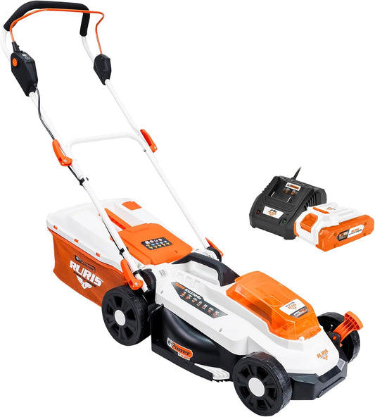 RURIS Draadloze grasmaaier RXI3324e - maaibreedte 33 cm, hoogte 25-75 mm, 3-in-1 functie (ophalen, achteruitworp, mulching), Li-Ion-accu 20 V 4 Ah en oplader inbegrepen