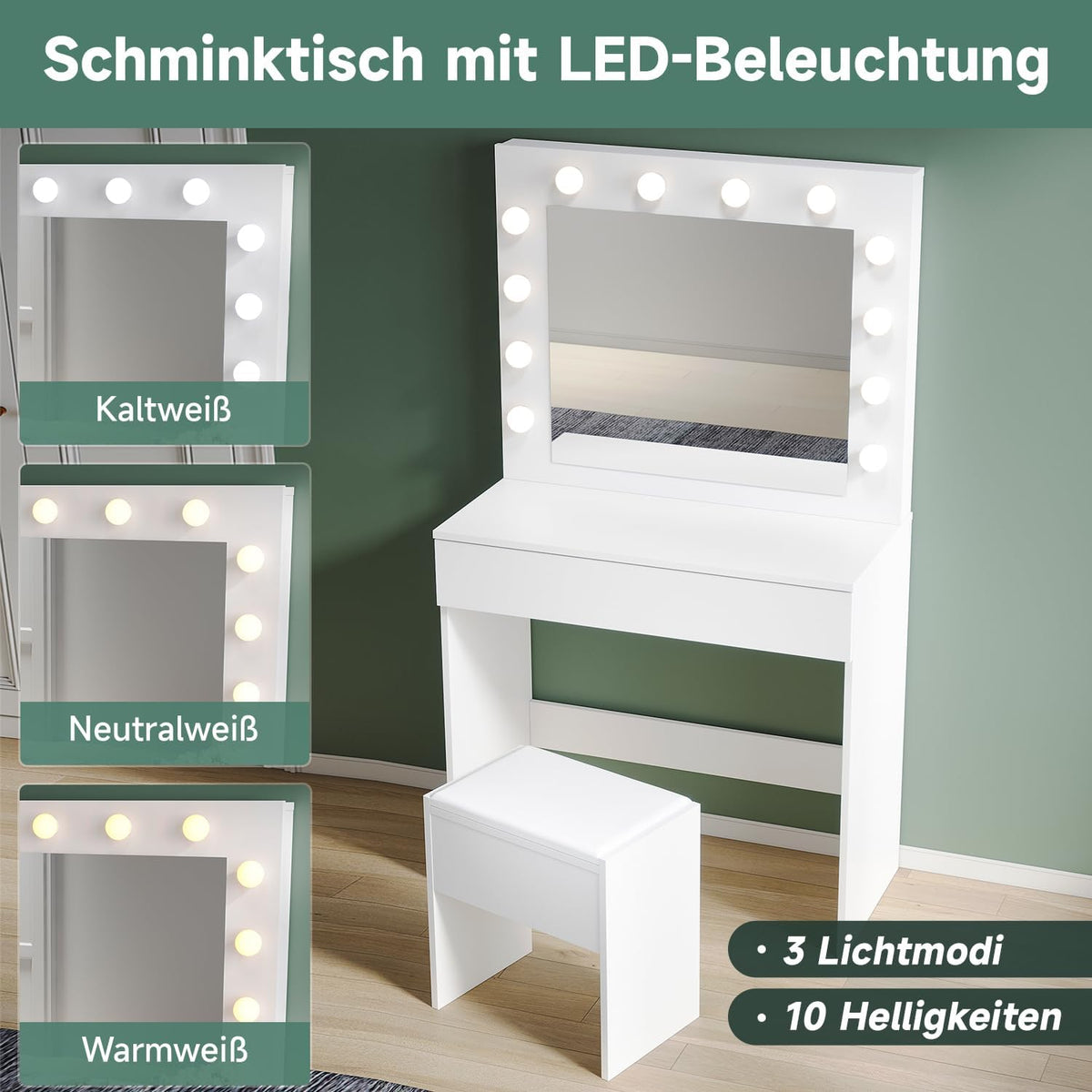 Make-uptafel – Kaptafel – Schminktisch – Make-up Spiegeltafel – Slaapkamermeubel – Verlichte Spiegel Met 12 Dimbare LED-Lampen – Ruime Lade Met Zachte Ladegeleiders