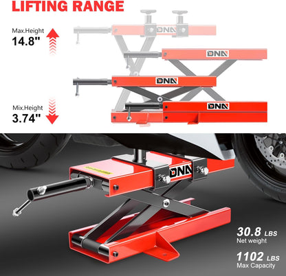 DNA MOTORING TOOLS-00289 Motorfiets schaarhefstandaard met zadel en pennen, 500 kg, hefbereik 9,3-37,5 cm