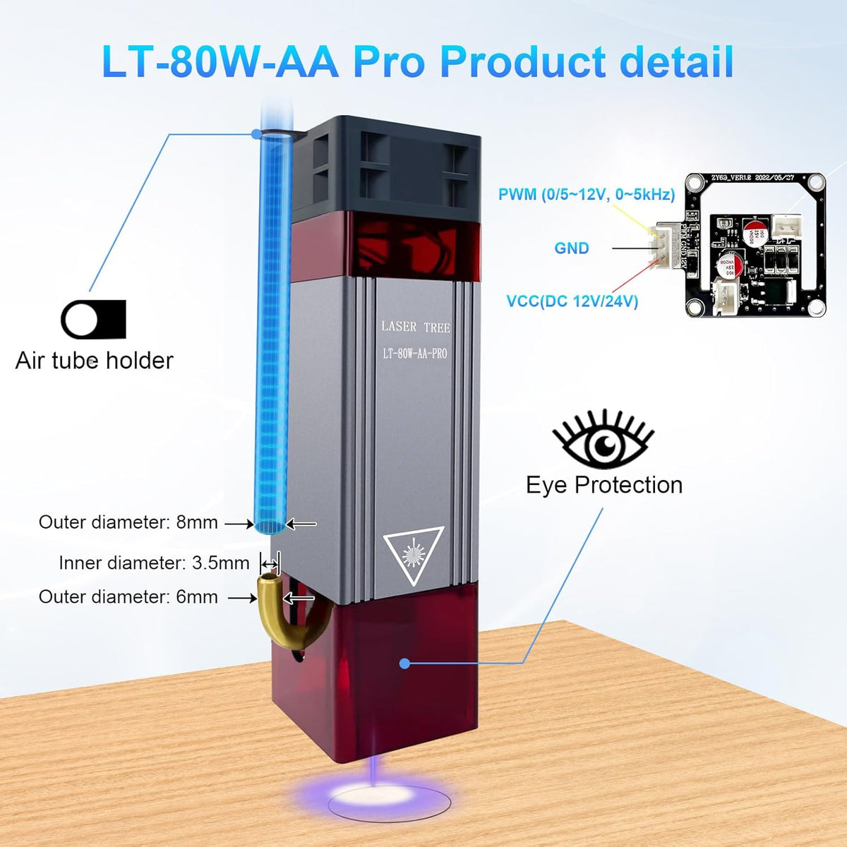 Verbeterde 10W lasermodule-kit met luchthulp en magnetische oogbescherming, LASER TREE 80W laserkop dubbele ultrafijne gecomprimeerde spot compatibel met lasergraveermachine, 12V