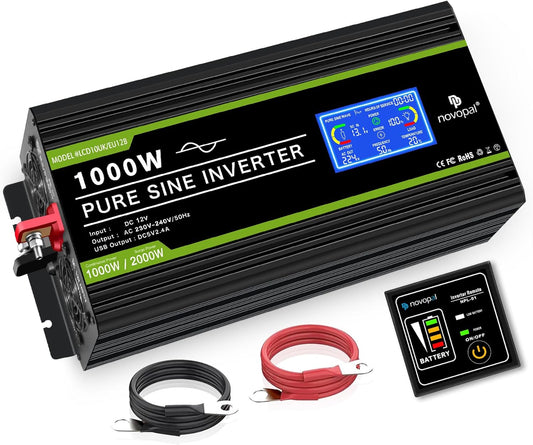 <font dir="auto" style="vertical-align: inherit;"><font dir="auto" style="vertical-align: inherit;">        NOVOPAL Voltage Converter 12V 230V Inverter 1000W Voltage Converter Pure Sine Wave Display LCD with USB Port - 5 Meter Remote Control and Two Cooli