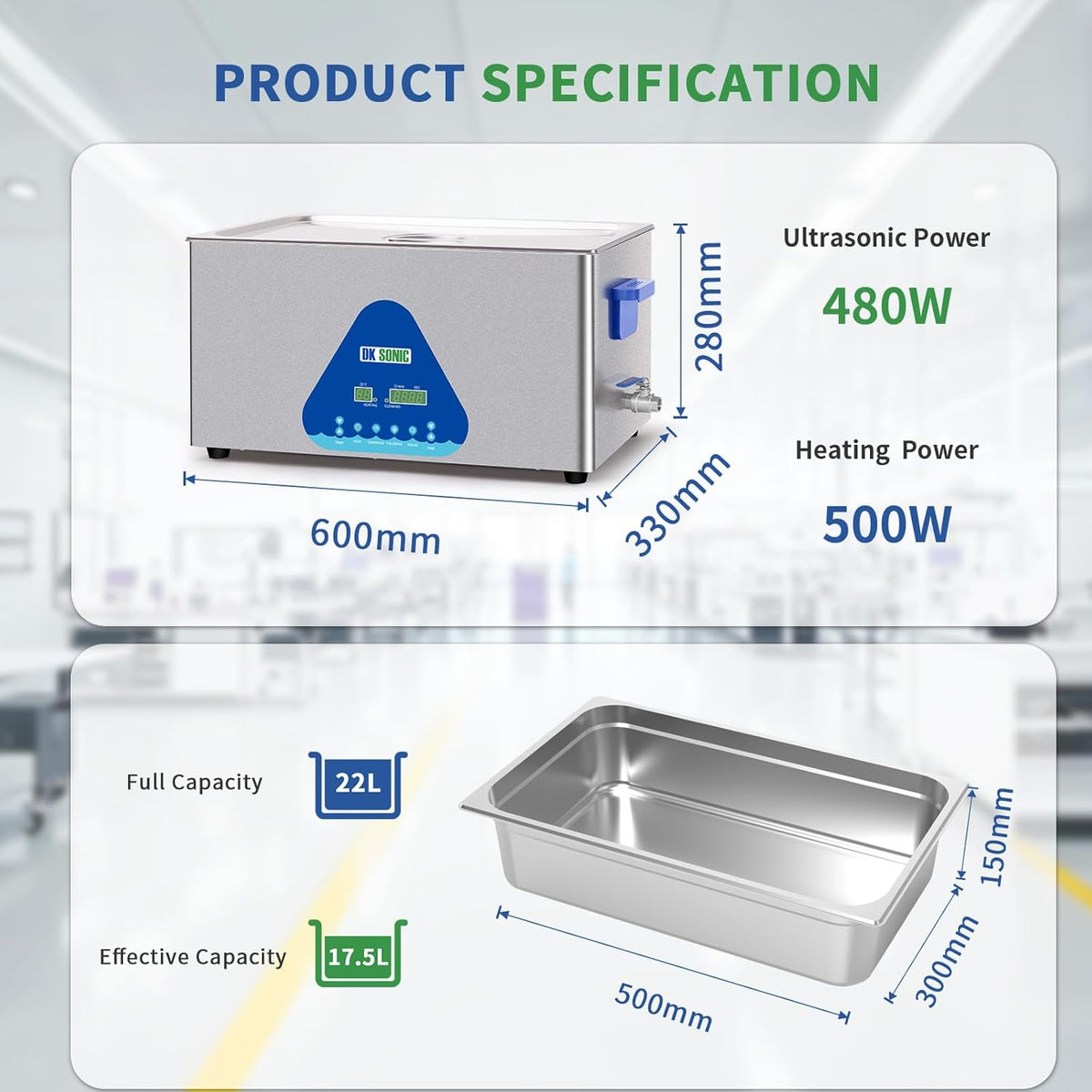 DK SONIC Industriële Ultrasoon Reiniger, 22L 480W Geluidsreiniger met Verwarming & Timer, Digitale Bediening voor Motoren, Carburateurs, Kettingen (Inclusief Mandje)
