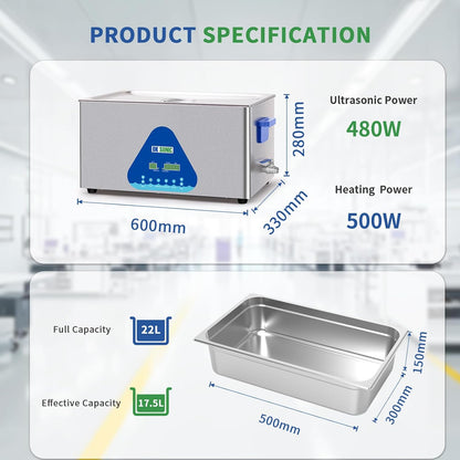DK SONIC Industriële Ultrasoon Reiniger, 22L 480W Geluidsreiniger met Verwarming & Timer, Digitale Bediening voor Motoren, Carburateurs, Kettingen (Inclusief Mandje)