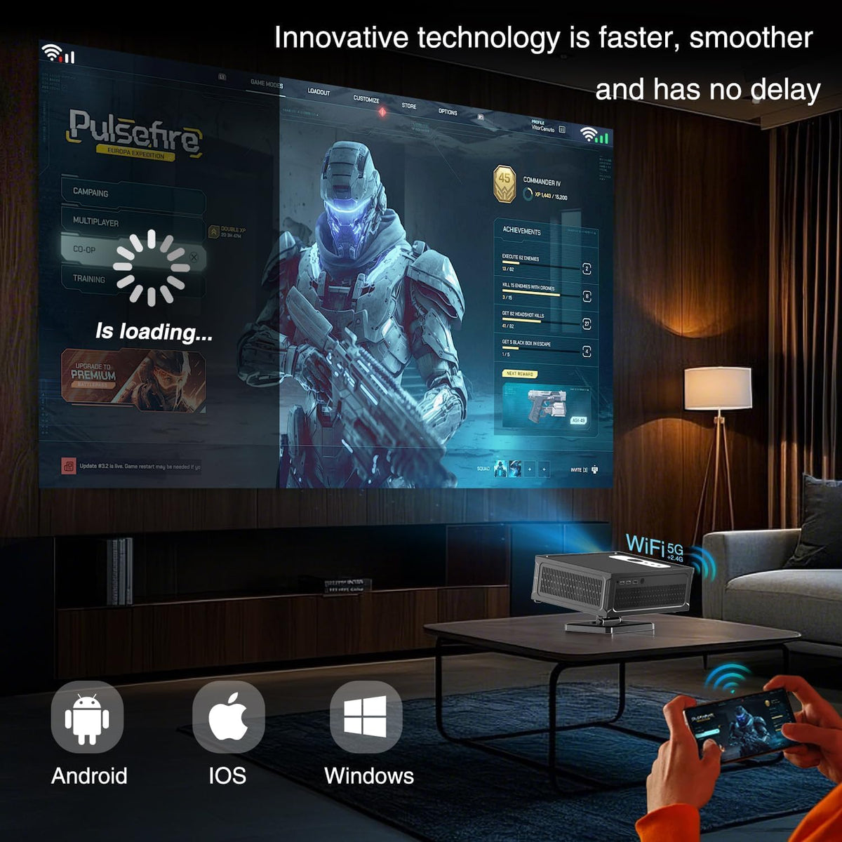 beamer Full HD 1080P Ondersteuning 4K, Smart Projector 4K met WiFi 6 BT 5.0, Mini beamer Ondersteunt Automatische Horizontale Keystone Correctie en Remote Focus