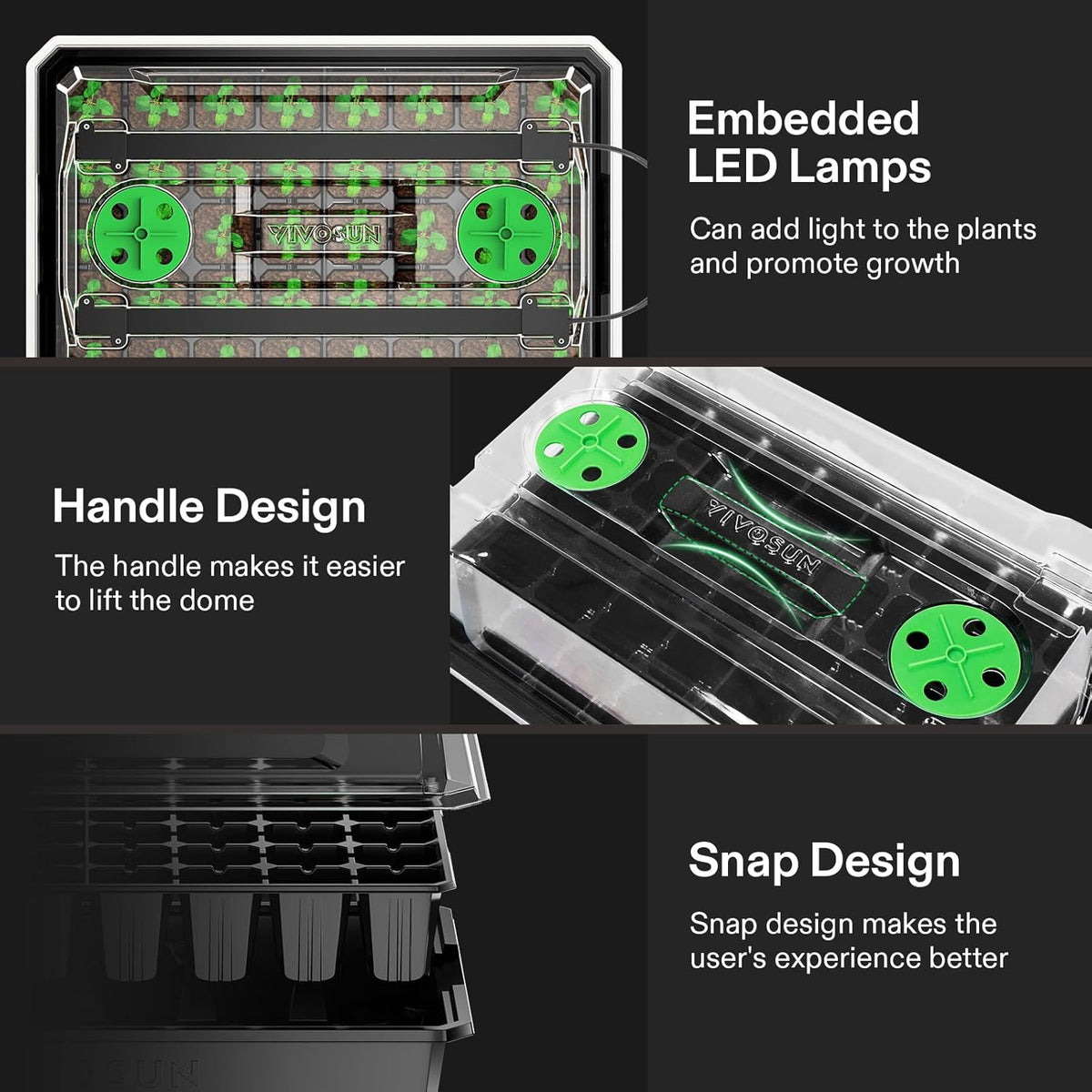 VIVOSUN 1 Pack 40-Cell Seed Starter Trays with 1 Set LED Lights and 10"x20.7" Seedling Heat Mat, 3.6 Inch Higher Coverage, Adjustable Vents, Drainage Holes, Green Grow Tray for It - QUORE