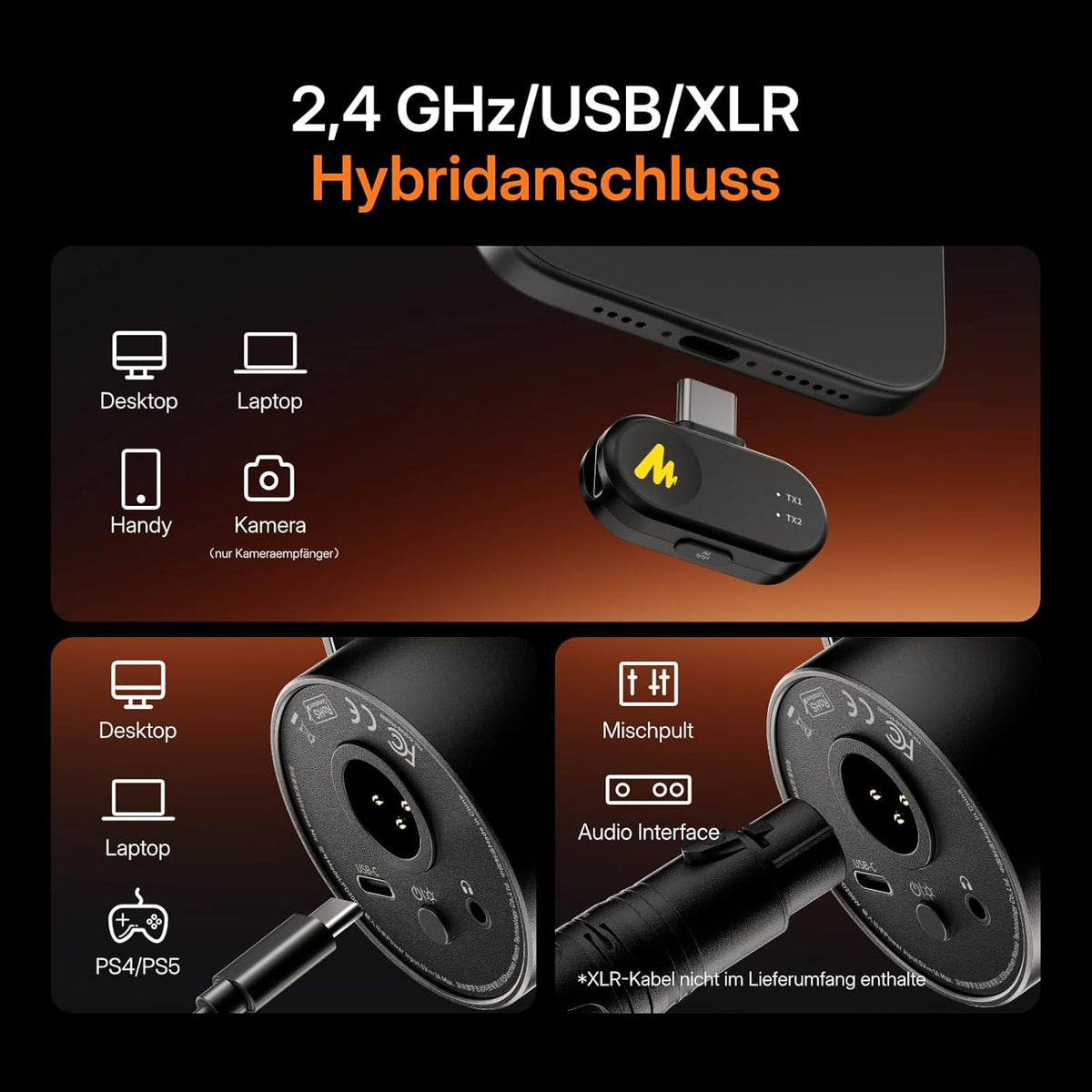 MAONO PD200W hybride podcast-microfoon voor pc, draadloos, USB en XLR, dynamische microfoonset met software, ruisonderdrukking, mute-schakeling, voor podcast, streaming, opnames, thuisstudio
