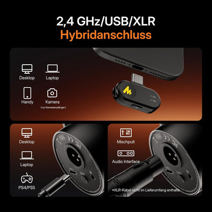 MAONO PD200W hybride podcast-microfoon voor pc, draadloos, USB en XLR, dynamische microfoonset met software, ruisonderdrukking, mute-schakeling, voor podcast, streaming, opnames, thuisstudio