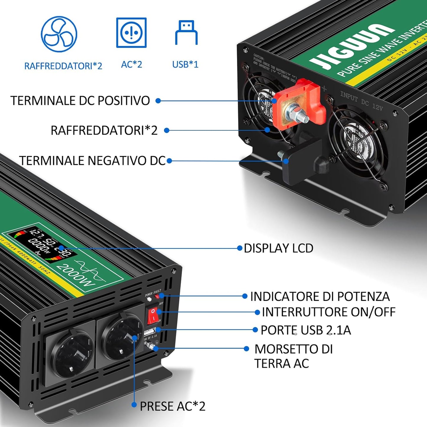 JIGUUN 2000W omvormer 12v naar 230v zuivere sinus inverter met draadloze afstandsbediening LCD-scherm 2 Eu-stopcontact & 1 USB-poort Piekvermogen 4000W voor auto, camping, reizen