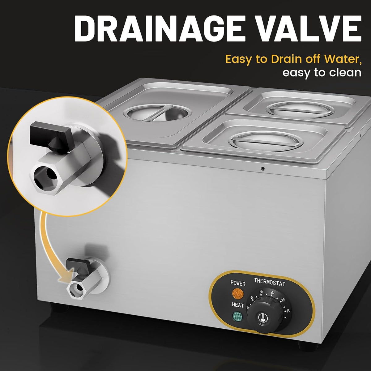 Elektrisch waterbad van roestvrij staal, voedselwarmer buffet, 1 x 1/3 GN container + 2 x 1/6, met deksel, instelbare temperatuur 30 °C - 85 °C