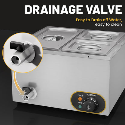 Elektrisch waterbad van roestvrij staal, voedselwarmer buffet, 1 x 1/3 GN container + 2 x 1/6, met deksel, instelbare temperatuur 30 °C - 85 °C