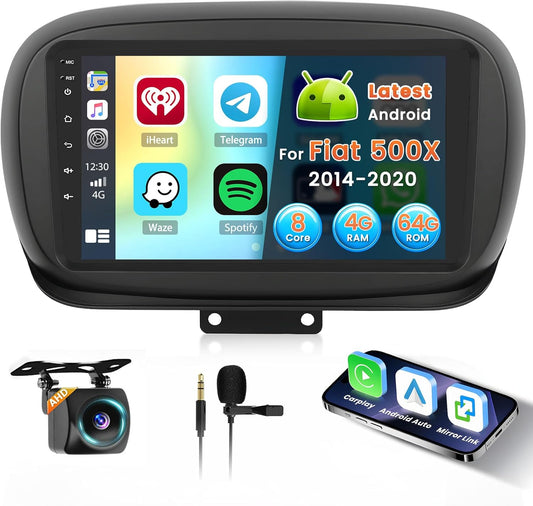 Inefala 8-Core 4+64GB Radio voor Fiat 500X 2014-2020 Android met Wireless CarPlay Android Auto, 9 Inch Stereo Touch Soporta Bluetooth WIFI 59UI 32 EQ DSP GPS Stuurwielbediening
