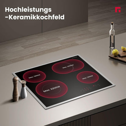 Zelfstandige Glaskeramische Kookplaat – Keramische Kookplaat – Elektrische Kookplaat – Inbouw Kookplaat – Zelfvoorzienende Kookplaat – 60 cm Breed – Roestvrijstalen Frame – 4 Kookzones Met Meercirkel En Braadzone – 6600W Vermogen