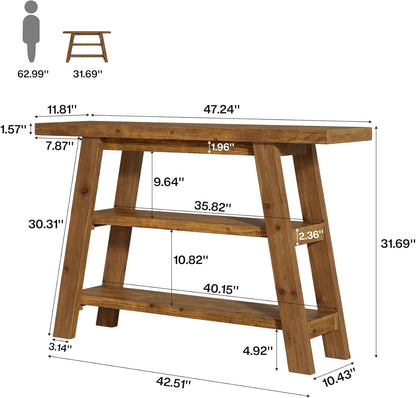 Solid Wood Console Table, 120 cm Long Country Entrance Table with 3-Stage Shelves, Rectangular Sofa Tables Behind Sofa, Narrow Accent Tables for Hallway, Entrance, Foyer, Living Room (Brown)