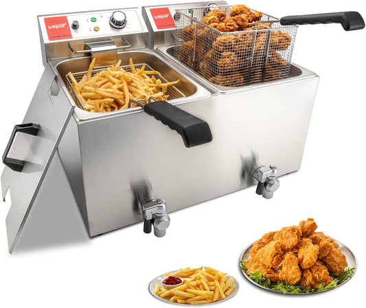 Valgus Dual Tanks Elektrische friteuse, 3300 W, 26 l, grote capaciteit, roestvrij staal, werkblad, keuken, frituurmachine met mand en deksel, afvoersysteem voor restaurants, commercieel gebruik