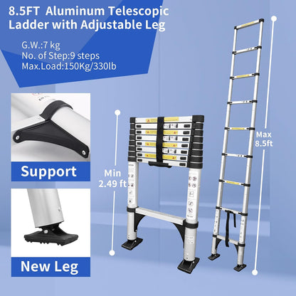JADDUO Telescopische vouwladder antislip 2,6 m intrekbare treden aluminium doe-het-zelf winkel opvouwbaar uitschuifbaar unieke rechtshandige multifunctionele ladder draagvermogen 150 kg