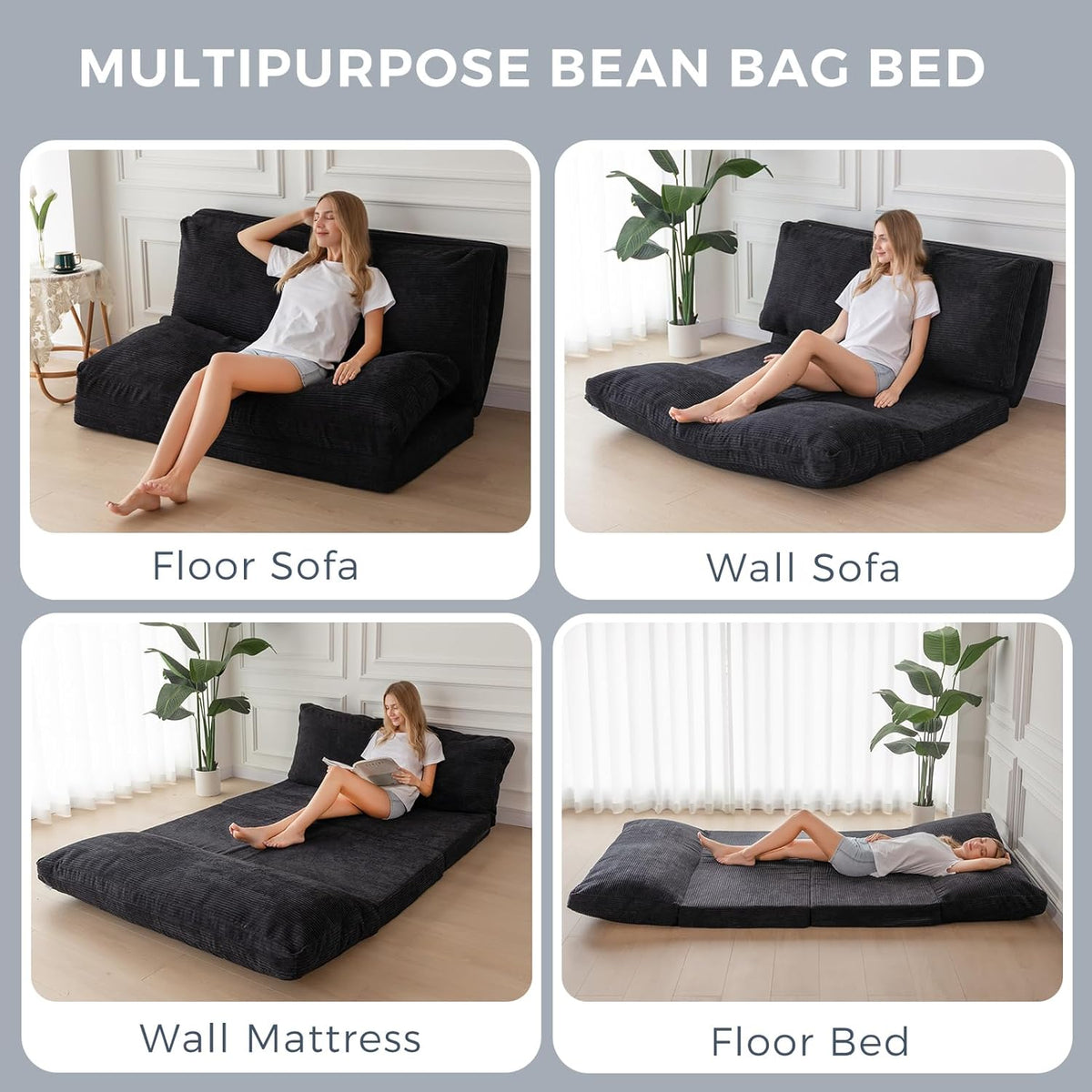 MAXYOYO Opvouwbare zitzak van corduroy met schuimvulling, extra dik, 4 lagen, matras/vloerbank voor volwassenen, afneembare en machinewasbare overtrek, zwart, 100 x 240 cm