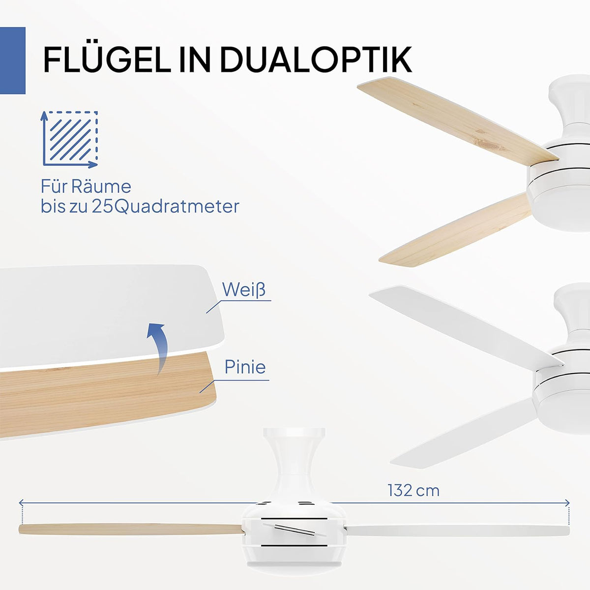 aireRyder Saturn plafondventilator met verlichting en afstandsbediening, stille ventilator met afstandsbediening en dimbare ledverlichting. Diameter 132 cm. Kleur: wit, draaivleugels in dennen/wit.