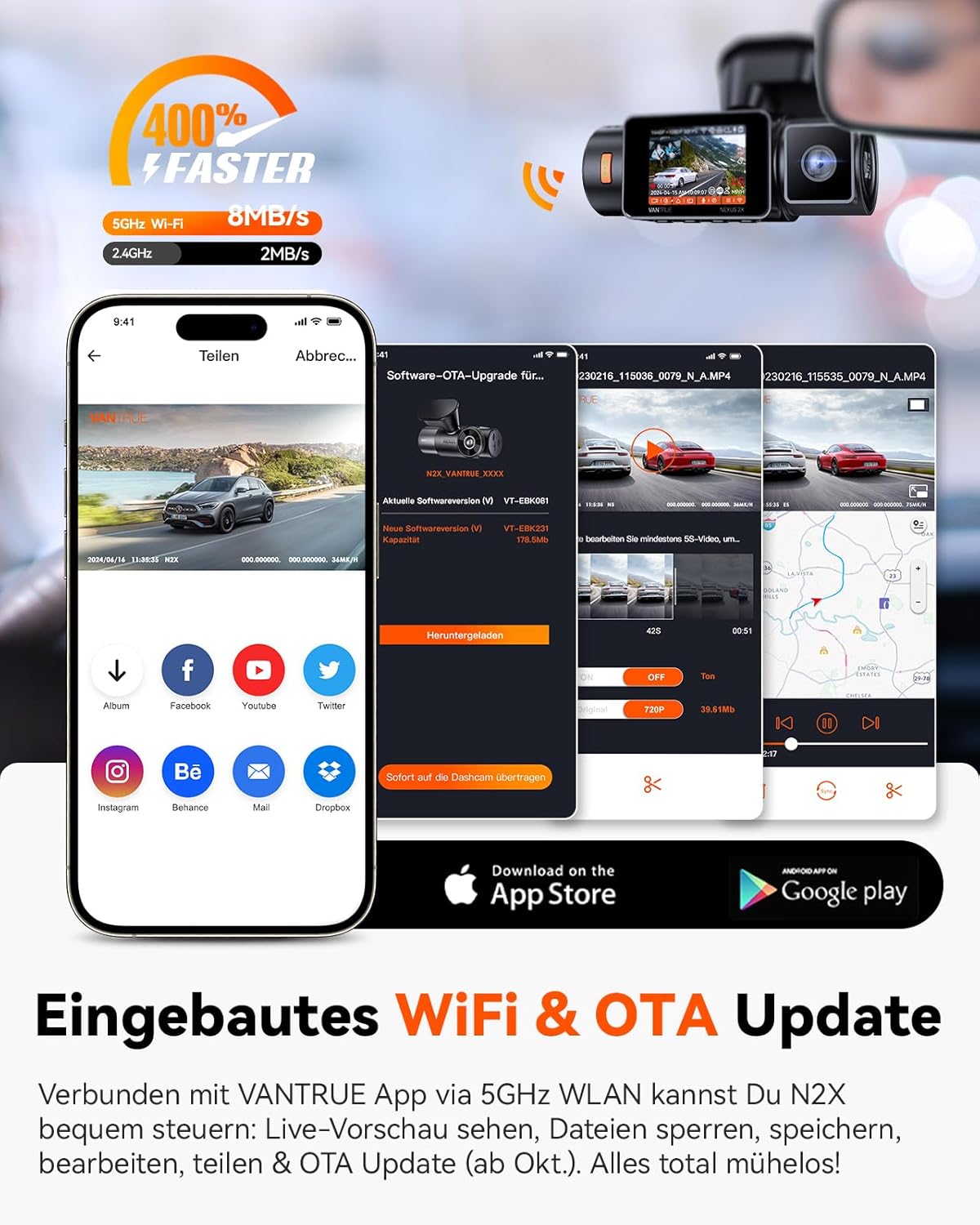 VANTRUE N2X 2,7K+1080P dashcam auto-interieur, STARVIS 2 Dual HDR nachtzicht dashcam, 2,5K/60FPS voorkant, GPS, WiFi, app en stembediening, 2″ 323° dashcam 24/7 parkeermodus, G Sensor, maximaal .512G