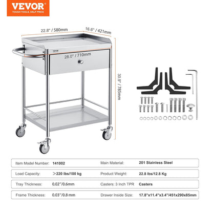 VEVOR 2 Tier Laboratory Cart, Medical Service Car, 71 x 42 x 78.5 cm, Stainless Steel, with Drawer, Load 100 kg, Silent Movement for Clinical Storage, Kitchen, Hotel,