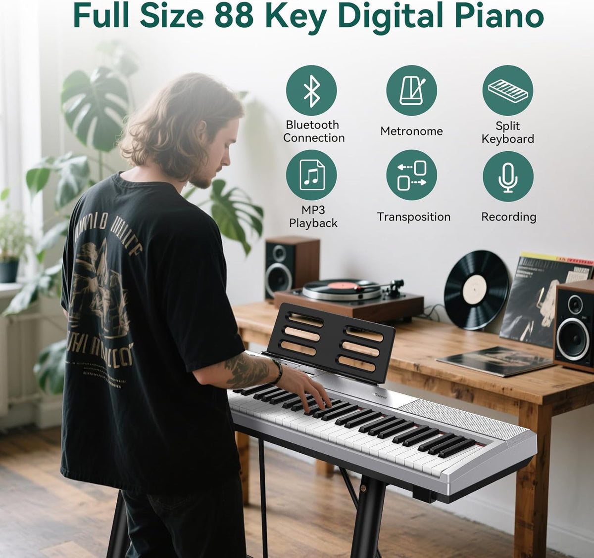 Digitale Piano Zilver – Keyboard – E-Piano – Elektrische Piano – 88-Toetsen Keyboard – 88 Gewogen Hammer Action Toetsen – 900 Klanken & 128-Stemmige Polyfonie