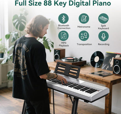 Digitale Piano Zilver – Keyboard – E-Piano – Elektrische Piano – 88-Toetsen Keyboard – 88 Gewogen Hammer Action Toetsen – 900 Klanken & 128-Stemmige Polyfonie