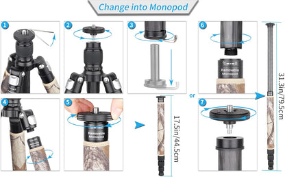 INNOREL RT75CM Koolstofvezel Statief 172 cm Professionele 2-in-1 Reisstatief & Balhoofd Kit Monopod Max Belasting 20 kg Max Buis 29 mm Heavy Duty Camera Ondersteuning met Middenkolom N44 Kogelhoofd