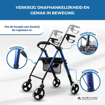 Rollator met 4 wielen | Opvouwbaar en verstelbaar | Met mand en remmen | Blauw | Hercules | Mobiclinic