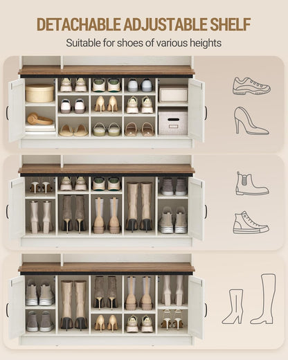 Hzuaneri Hallway tree, LED storage space and coat rack in wood, hall furniture with 7 hooks, hallway tree with bench and storage space, shoe bench with 6 storage compartments, rustic white HT24614XEU