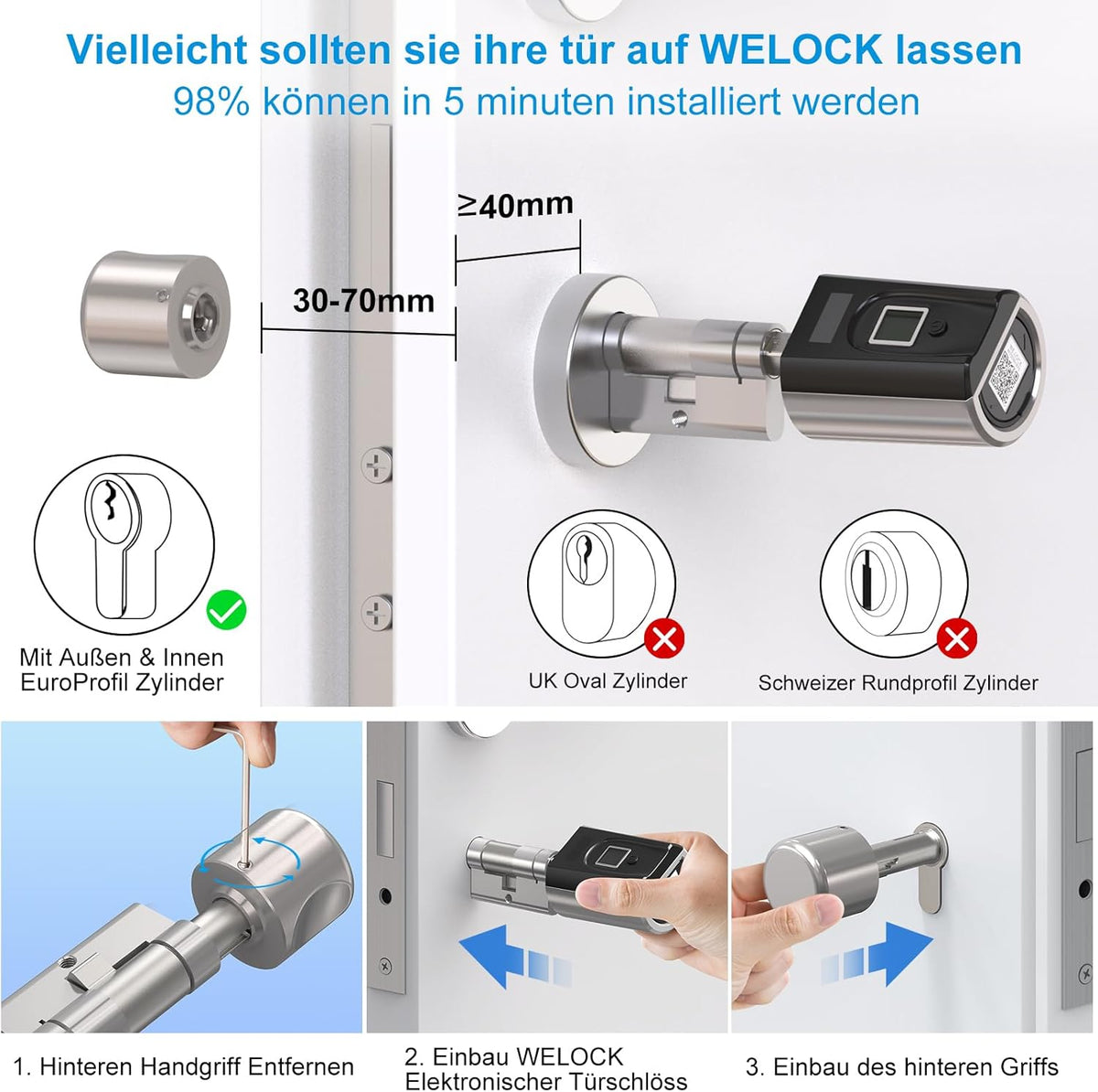 WELOCK SECBN51 elektronisch deurslot met vingerafdruk, voor huisdeur, RFID-kaarttransponder, Bluetooth wifi, app IP65, voor deuren van 30-70 mm