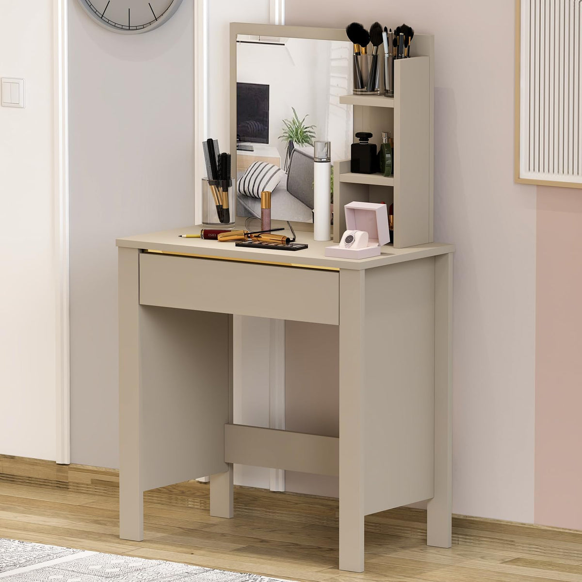 Make-uptafel – Kaptafel – Make-upmeubel – Schminktafel – Opbergmeubel – Compacte Afmetingen 72x40x124 cm – Onderhoudsvriendelijk Melamine Oppervlak (Beige)