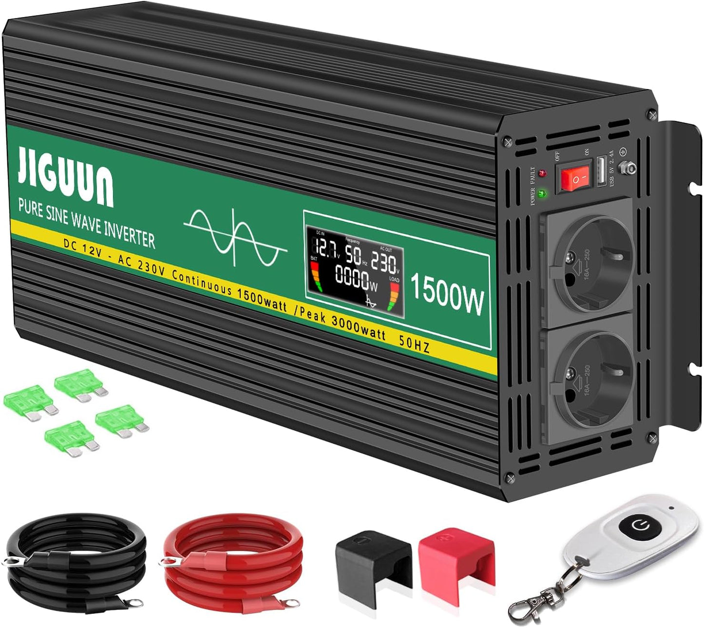 JIGUUN 1500W omvormer 12v naar 230v zuivere sinus Converter inverter met draadloze afstandsbediening LCD-scherm 2 Eu-stopcontact & 1 USB-poort Piekvermogen 3000W voor auto, camping, reizen,noodgeval