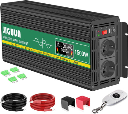 JIGUUN 1500W omvormer 12v naar 230v zuivere sinus Converter inverter met draadloze afstandsbediening LCD-scherm 2 Eu-stopcontact & 1 USB-poort Piekvermogen 3000W voor auto, camping, reizen,noodgeval