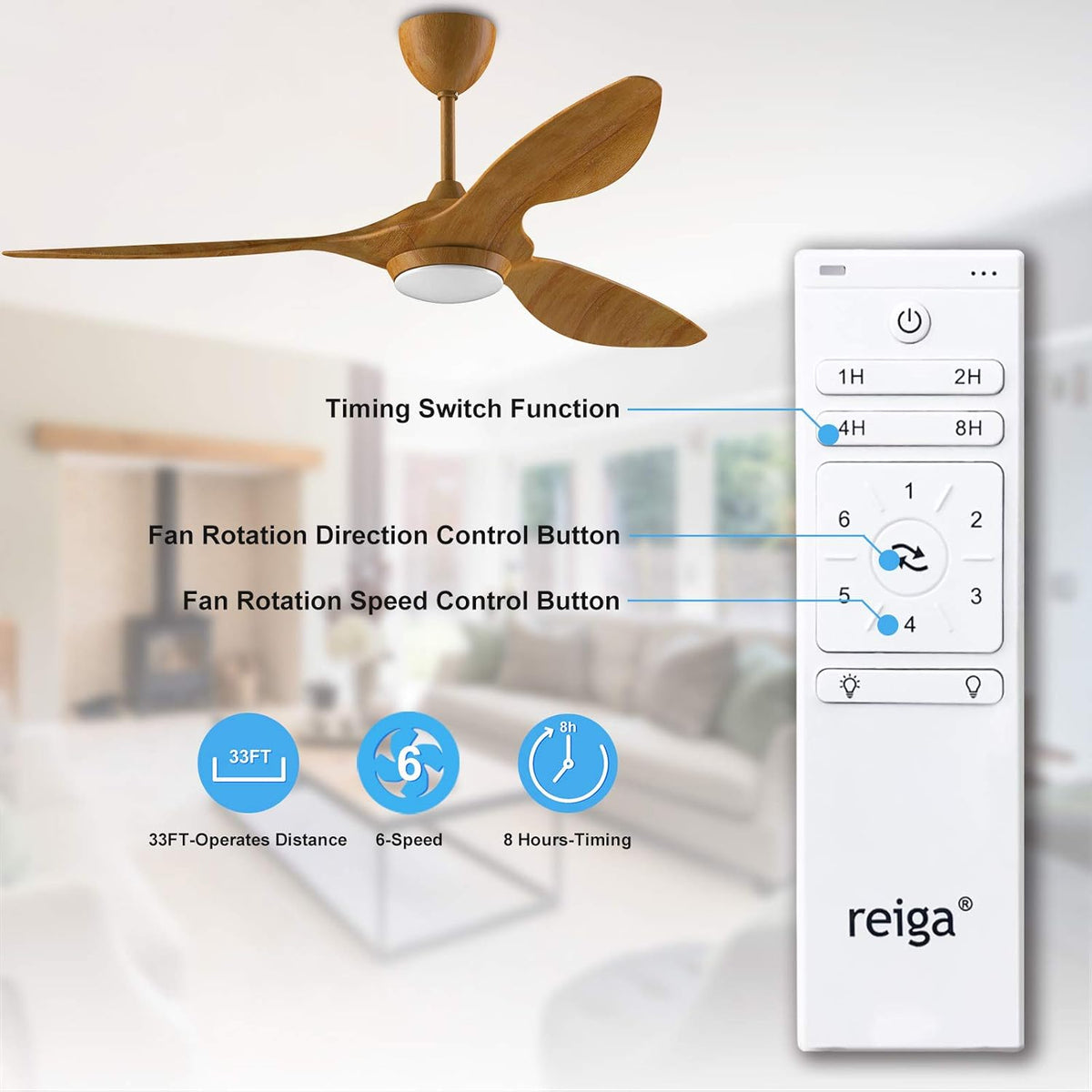 reiga 132cm Moderne Plafondventilator met LED-verlichting en Afstandsbediening, Slimme App, Stille Omkeerbare DC-motor, Timer, Ahornkleur