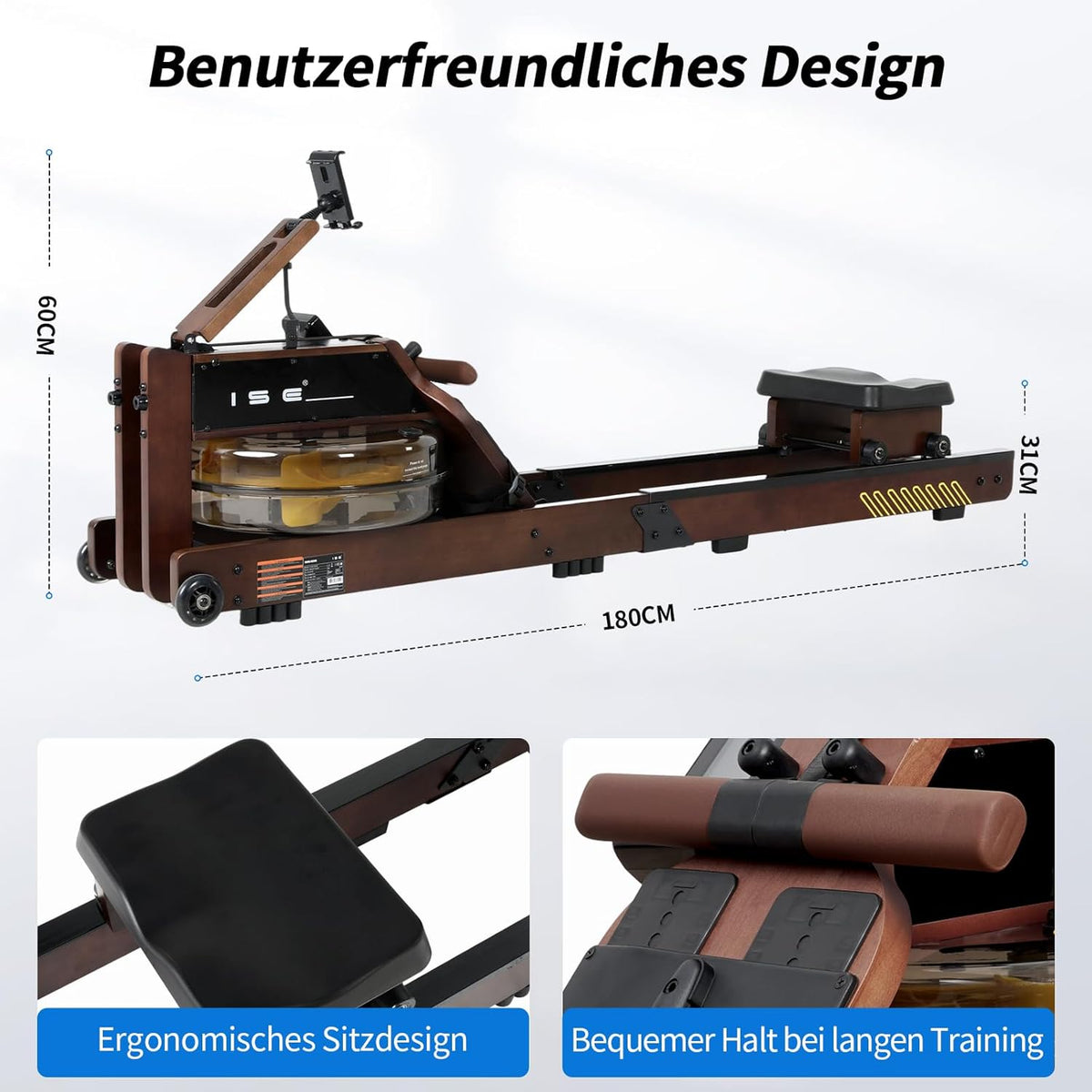 ISE SY-2023 Wood Rowing Machine for Home with LED Display App Compatible with Water Resistance Rowing Machine with Electric Water Pump - QUORE