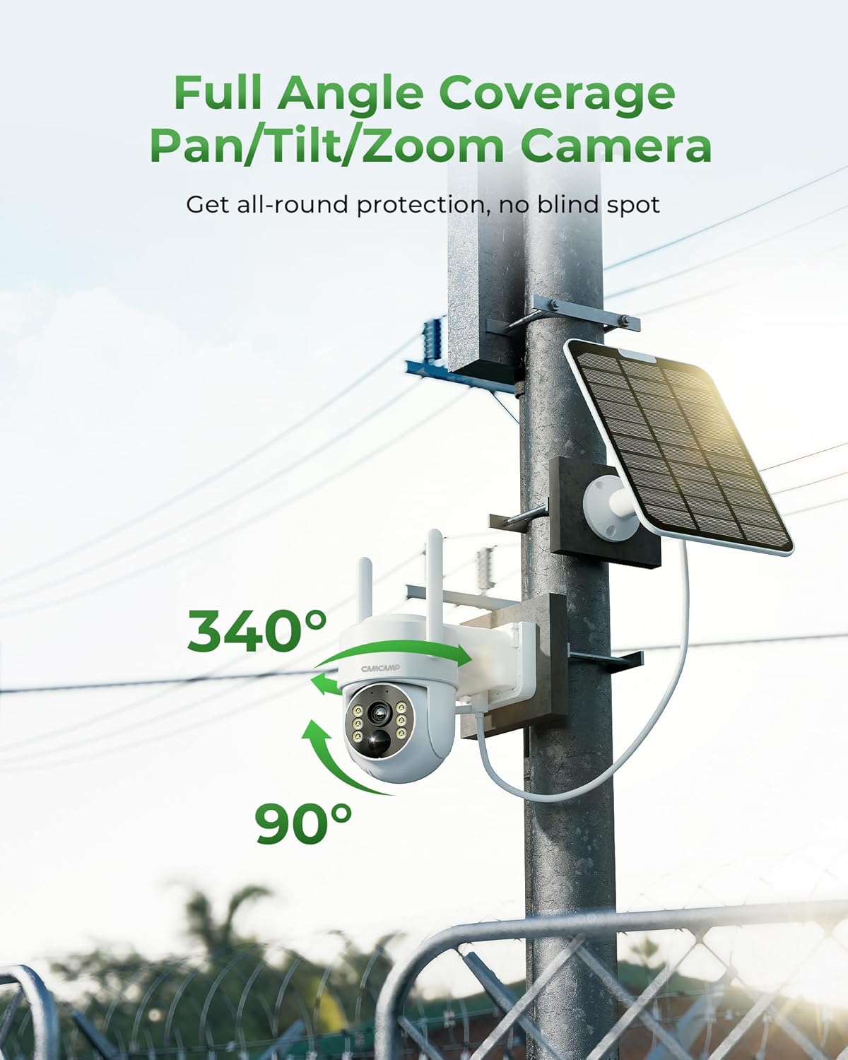 Camcamp Bewakingscameraset op zonne-energie met 10 inch monitor en 500 GB harde schijf, 2K PTZ zonnecamera voor buiten wifi, 10 CH NVR, HDMI-uitgang, kleurnachtzicht, PIR-bewegingsdetectie, 2-weg