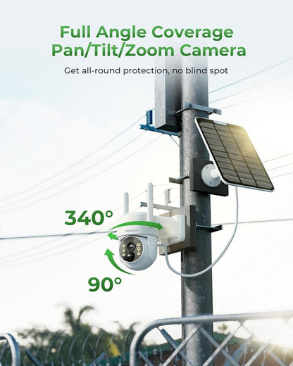Camcamp Bewakingscameraset op zonne-energie met 10 inch monitor en 500 GB harde schijf, 2K PTZ zonnecamera voor buiten wifi, 10 CH NVR, HDMI-uitgang, kleurnachtzicht, PIR-bewegingsdetectie, 2-weg