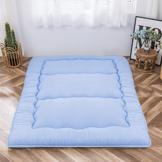 Maxyoyo Futonmatras, gewatteerd Japanse vloermatras, doorgestikte bedtopper, extra dik opvouwbaar slaapkussen, ademend vloerbed, logeerbed, slaapbank (dusty-blue, eenpersoons)