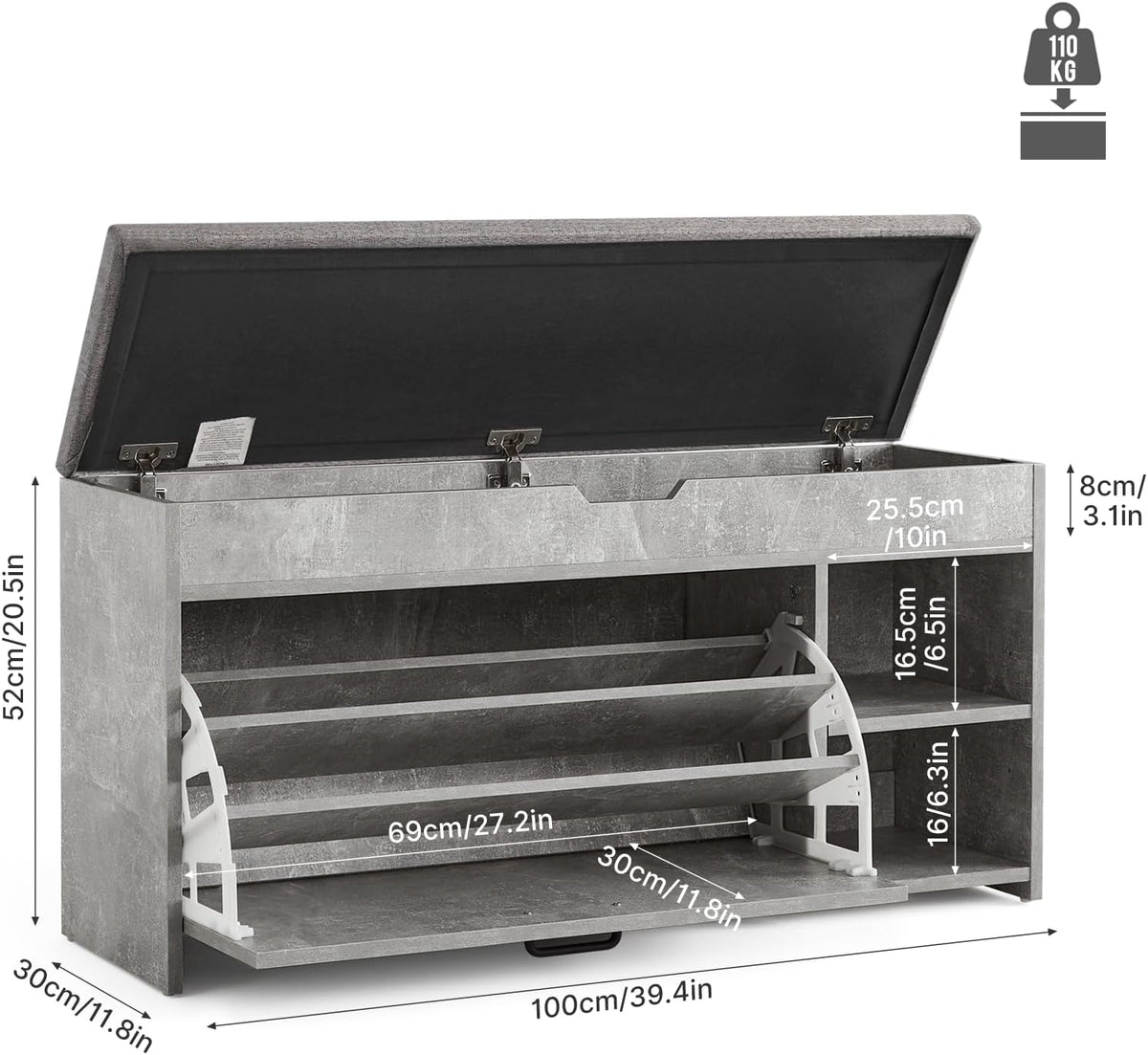Meerveil Schoenbank met zitting, opbergbank met opklapbare lade en open opbergruimte, houten industriële stijl voor hal, 100 x 52 x 30 cm (b x h x d), grijs