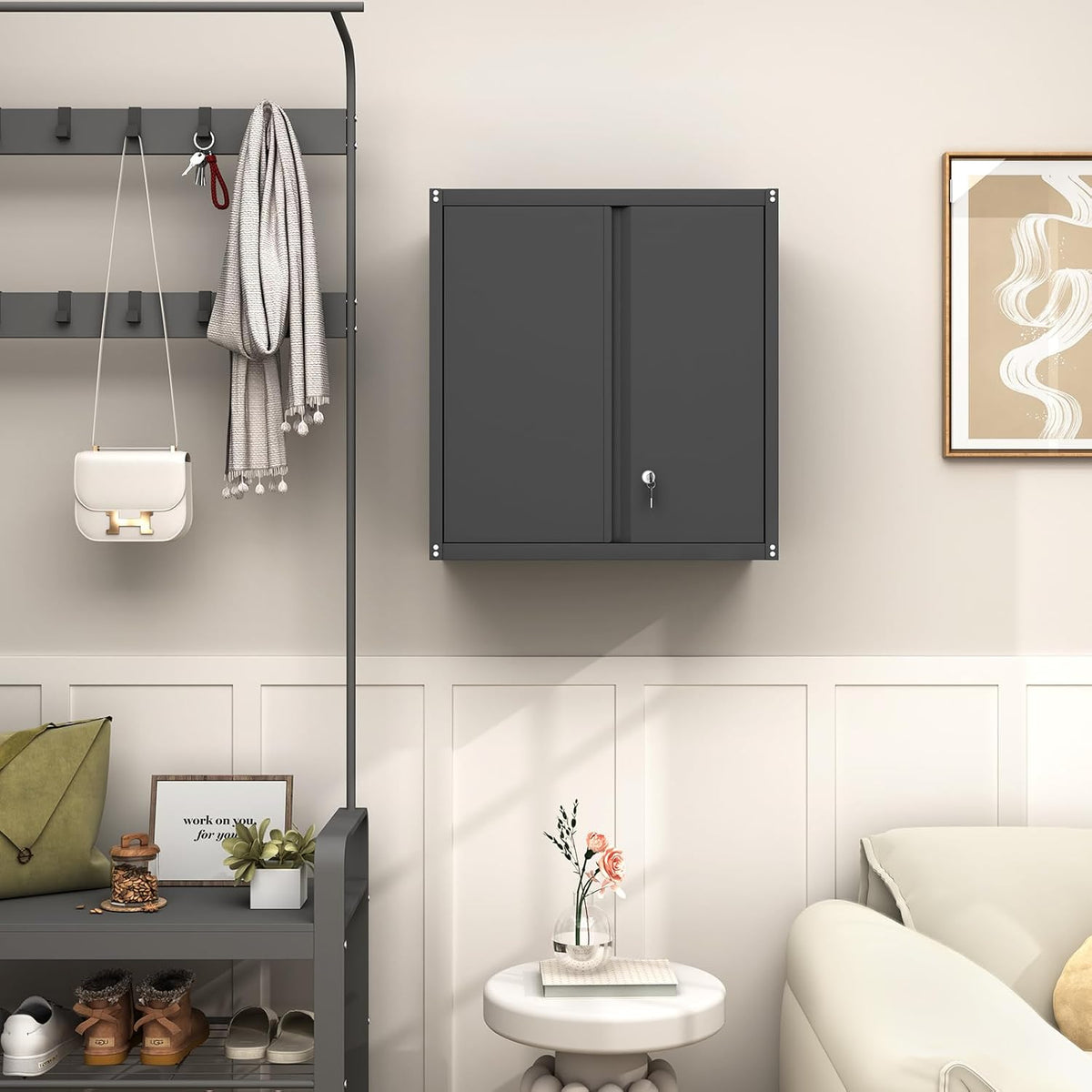 GREATMEET Metal Hanging Cabinet, Tool Cabinet with Swing Door, Wall-Mounted Garage Storage Cabinets with 1 Adjustable Shelf and 2 Doors, Steel Cabinet for Garage, Office and Home, Black - QUORE