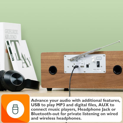 MS4 CD-speler DAB Radio Hifi Systeem,Bluetooth, Krachtige Stereo Systeem,Digitale Radio DAB+,Akoestische Houten Kast,CD Speler Met Speakers,40 Presets,Hoofdtelefoon Jack,Walnoot Finish