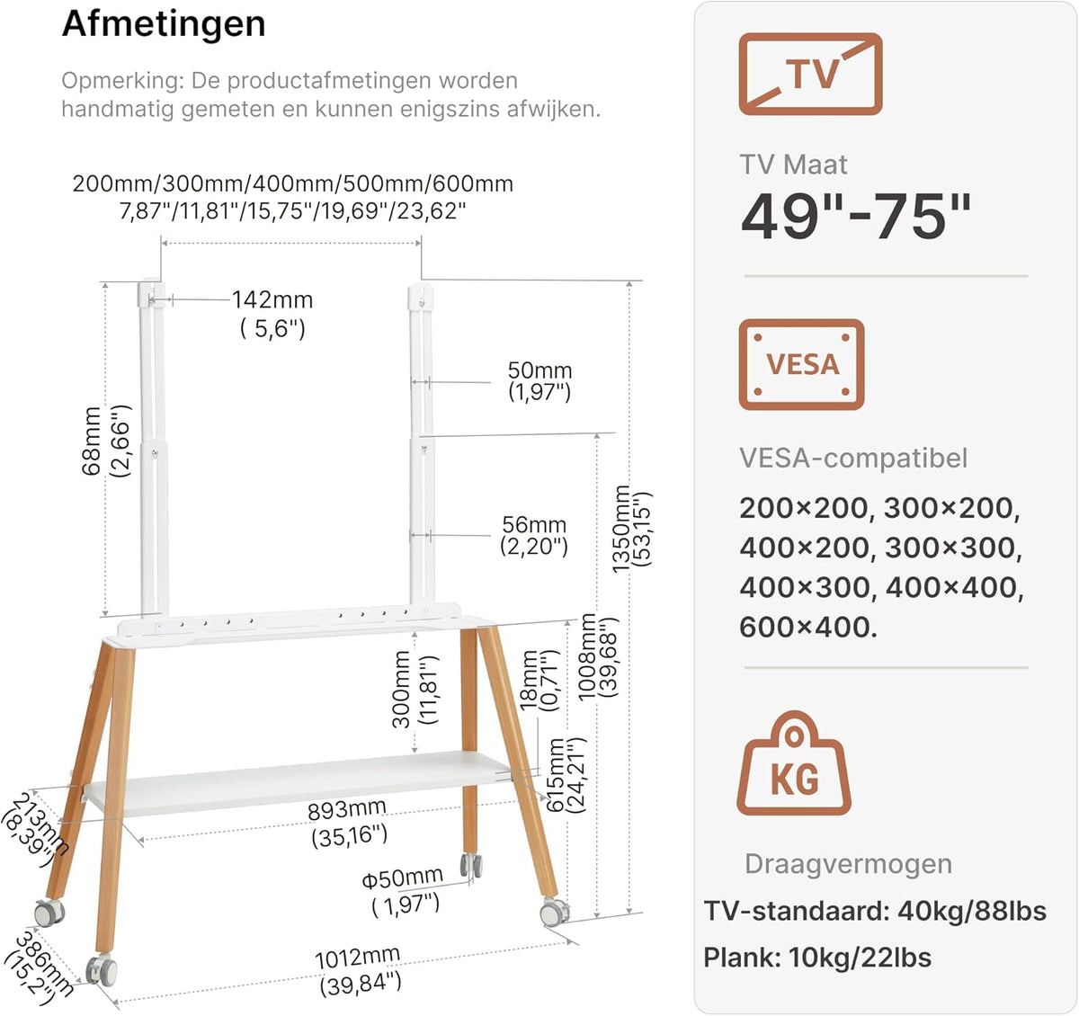 Easel TV standaard met wielen voor 49 tot 75 inch tv tot 40 kg, Easel Design met metalen structuur en houten plank, beweegbare tv-standaard op wielen voor winkel, kantoor, school, huis